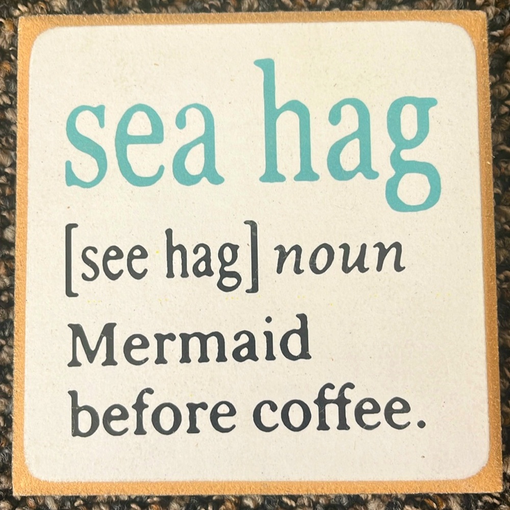 NWT 5”x5”x 1” “sea hag” definition decor wood block print.